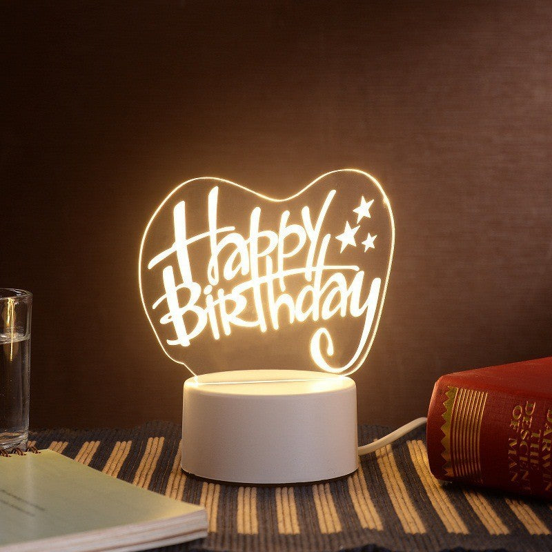 Lampa LED Decorativa 3D Happy Birthday, Iluzie Optica Multicolora cu Telecomanda, Placa Acril, Alimentare USB sau Baterii, Inaltime 20 cm, Alb