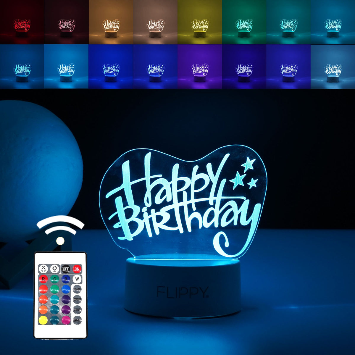 Lampa LED Decorativa 3D Happy Birthday, Iluzie Optica Multicolora cu Telecomanda, Placa Acril, Alimentare USB sau Baterii, Inaltime 20 cm, Alb