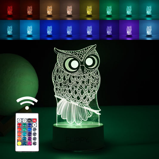 Lampa LED Decorativa 3D, Model Bufnita, Efect Iluzie Optica, Alimentare USB si Baterii, 7 Culori, Telecomanda Inclusa, Acril, 20 cm, Alb