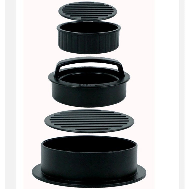 Presa Dubla pentru Hamburgeri 3 in 1, Forma Burger Umplut, Suprafata Antiaderenta si Striata, Plastic ABS Rezistent, 13x13x7 cm, Negru