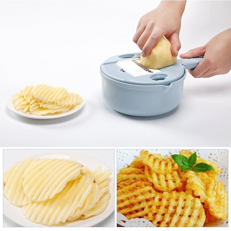 Razatoare Multifunctionala pentru Legume si Fructe, Bol cu Strecuratoare si Separator Oua, Plastic si Inox, 10 Piese, 27.6x8 cm, Albastru