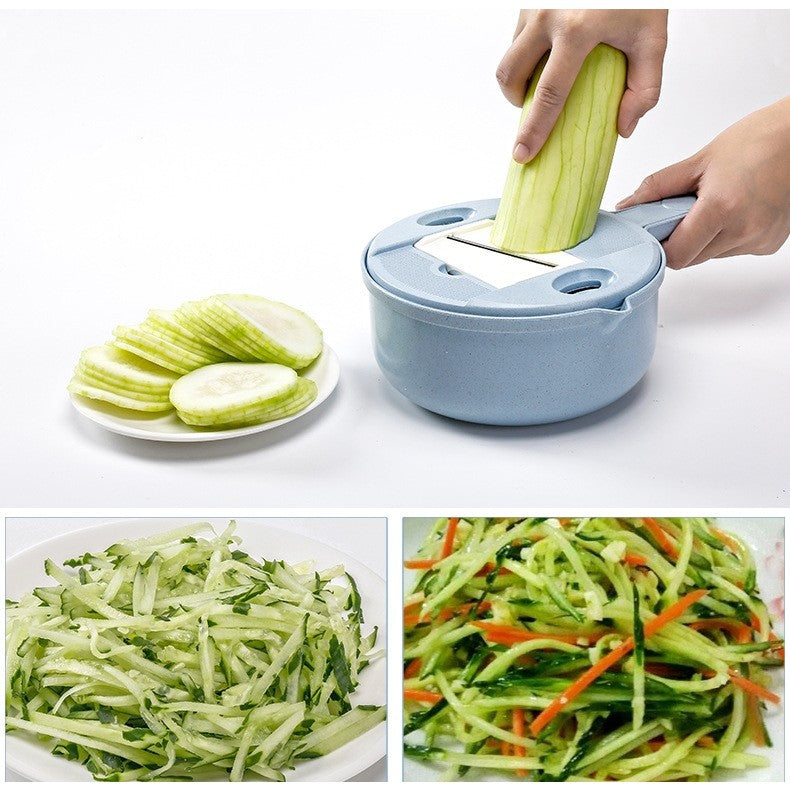 Razatoare Multifunctionala pentru Legume si Fructe, Bol cu Strecuratoare si Separator Oua, Plastic si Inox, 10 Piese, 27.6x8 cm, Albastru