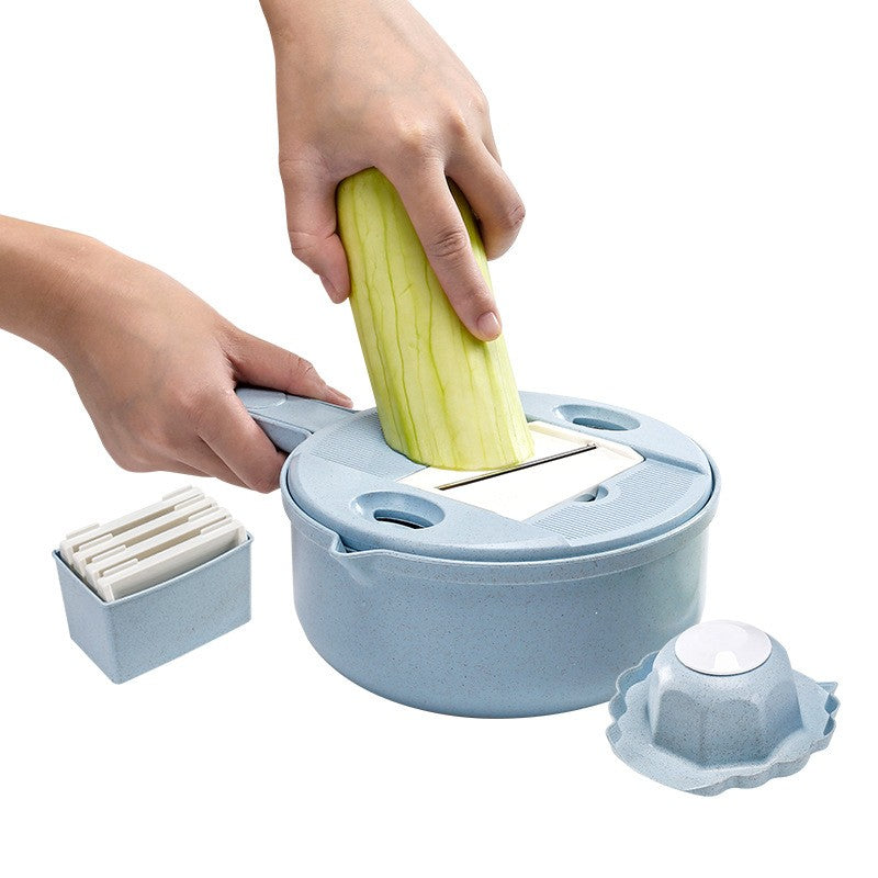 Razatoare Multifunctionala pentru Legume si Fructe, Bol cu Strecuratoare si Separator Oua, Plastic si Inox, 10 Piese, 27.6x8 cm, Albastru