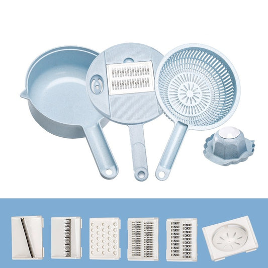 Razatoare Multifunctionala pentru Legume si Fructe, Bol cu Strecuratoare si Separator Oua, Plastic si Inox, 10 Piese, 27.6x8 cm, Albastru