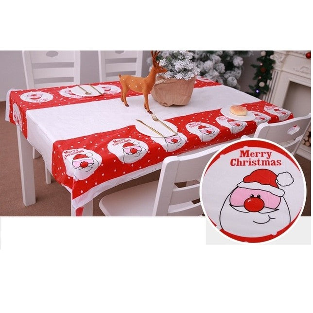 Fata de Masa Dreptunghiulara pentru Craciun, Imprimeu Festiv Mos Craciun si Clopotei, Protectie Masa din PVC Rezistent, 2.5 mm Grosime, 180 x 108 cm, Alb