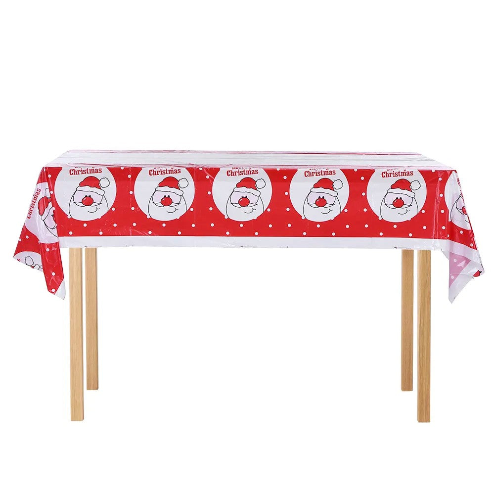 Fata de Masa Dreptunghiulara pentru Craciun, Imprimeu Festiv Mos Craciun si Clopotei, Protectie Masa din PVC Rezistent, 2.5 mm Grosime, 180 x 108 cm, Alb