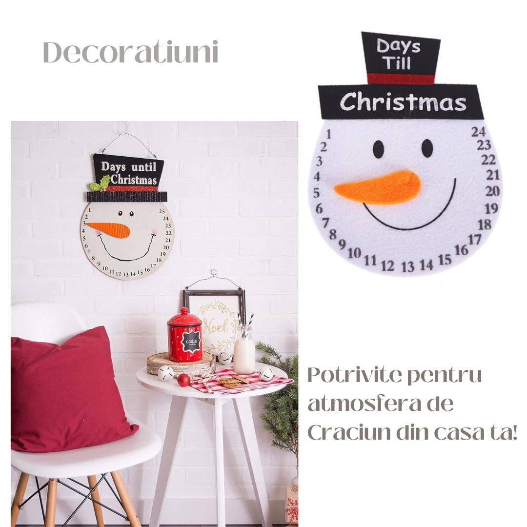 Calendar Advent Crăciun, Decorațiune Numărătoare Inversă Sărbători, Model Om de Zăpadă, Poliester, 37 x 22 cm, Alb