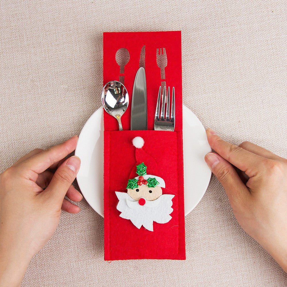Husa Decorativa pentru Tacamuri, Model Mos Craciun pentru Masa de Craciun, Poliester Rezistent, 25 x 8.5 cm, Rosu