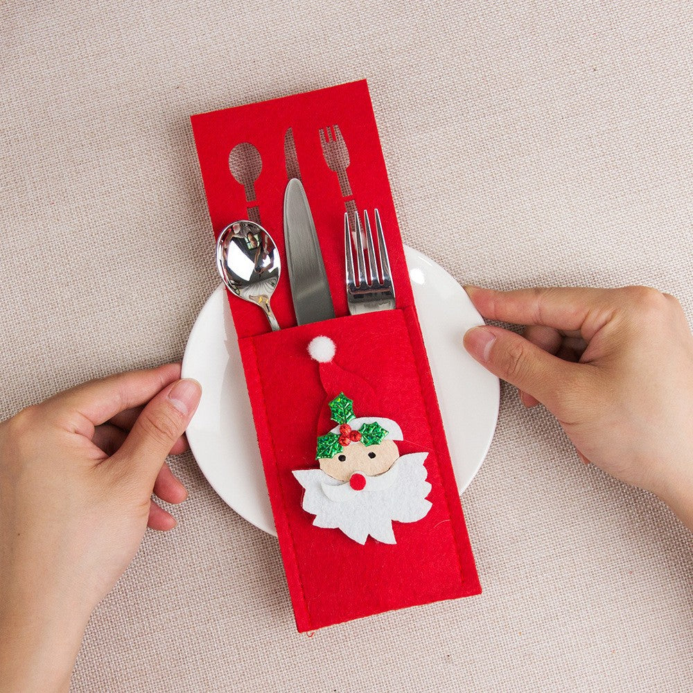 Husa Decorativa pentru Tacamuri, Model Mos Craciun pentru Masa de Craciun, Poliester Rezistent, 25 x 8.5 cm, Rosu