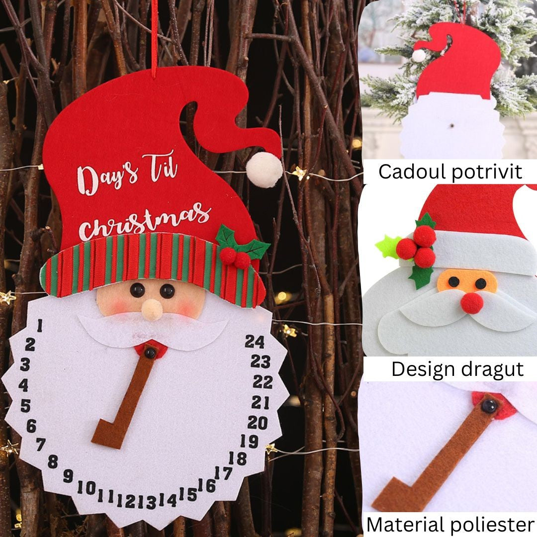 Calendar Advent Textil, Decoratiune Craciun cu Numaratoare Inversa, Model Mos Craciun, Poliester Durabil, 37 x 22 cm, Rosu