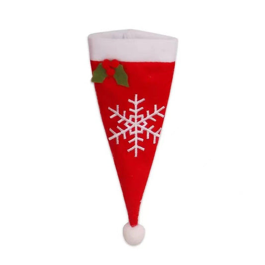 Husa Decorativa Pentru Tacamuri, Model Caciulita Cu Fulg De Zapada, Organizator Masa Festiva Craciun, Material Textil Si Poliester, 18 x 7 cm, Rosu, Set 3 Piese