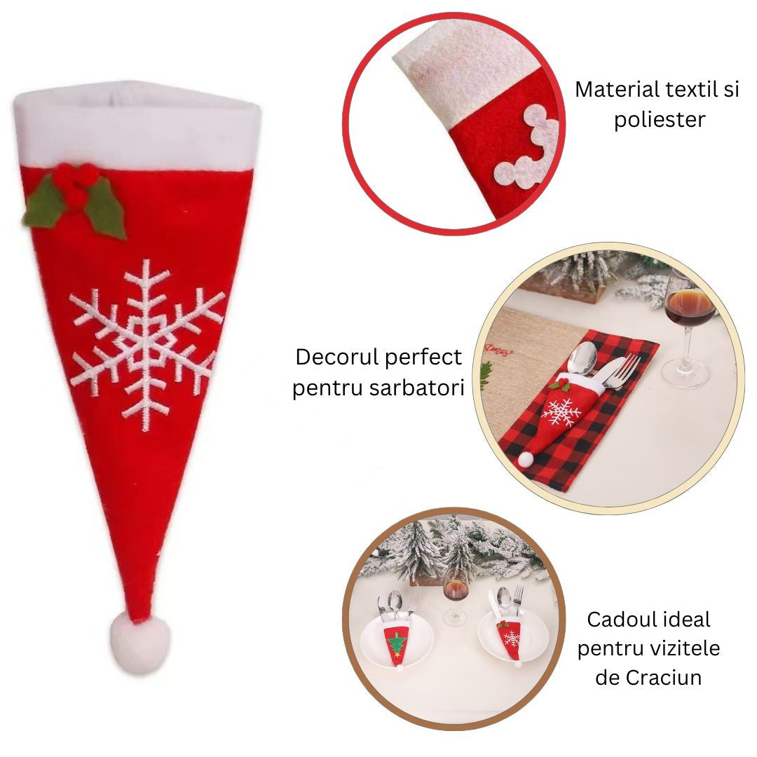 Husa Decorativa Pentru Tacamuri, Model Caciulita Cu Fulg De Zapada, Organizator Masa Festiva Craciun, Material Textil Si Poliester, 18 x 7 cm, Rosu, Set 3 Piese