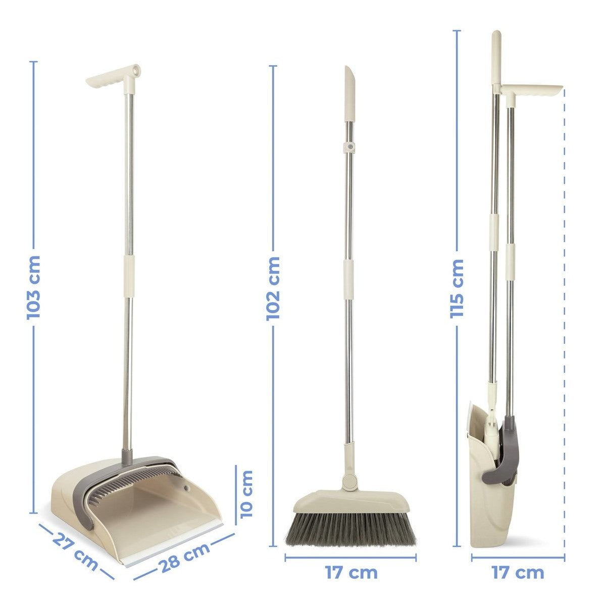 Set Matura si Faras cu Coada, Depozitare Verticala si Margine Cauciuc, Plastic si Otel Inoxidabil, 4 Randuri Perii, Maro/Bej, 26x25.5x83 cm