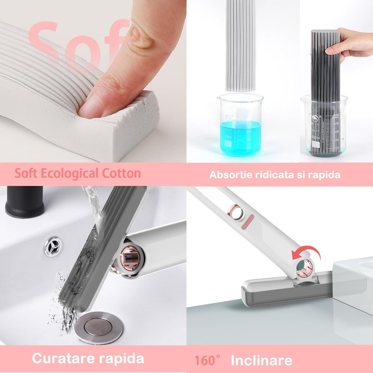 Mini Mop Portabil Cu Autostoarcere, Dispozitiv Curatare Manuala Pentru Geamuri Si Blaturi, Cap Rotativ Cu Burete PVA Super Absorbant, 29.5 x 15.5 cm, Alb
