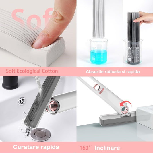Mini Mop Portabil Cu Autostoarcere, Dispozitiv Curatare Manuala Pentru Geamuri Si Blaturi, Cap Rotativ Cu Burete PVA Super Absorbant, 29.5 x 15.5 cm, Alb