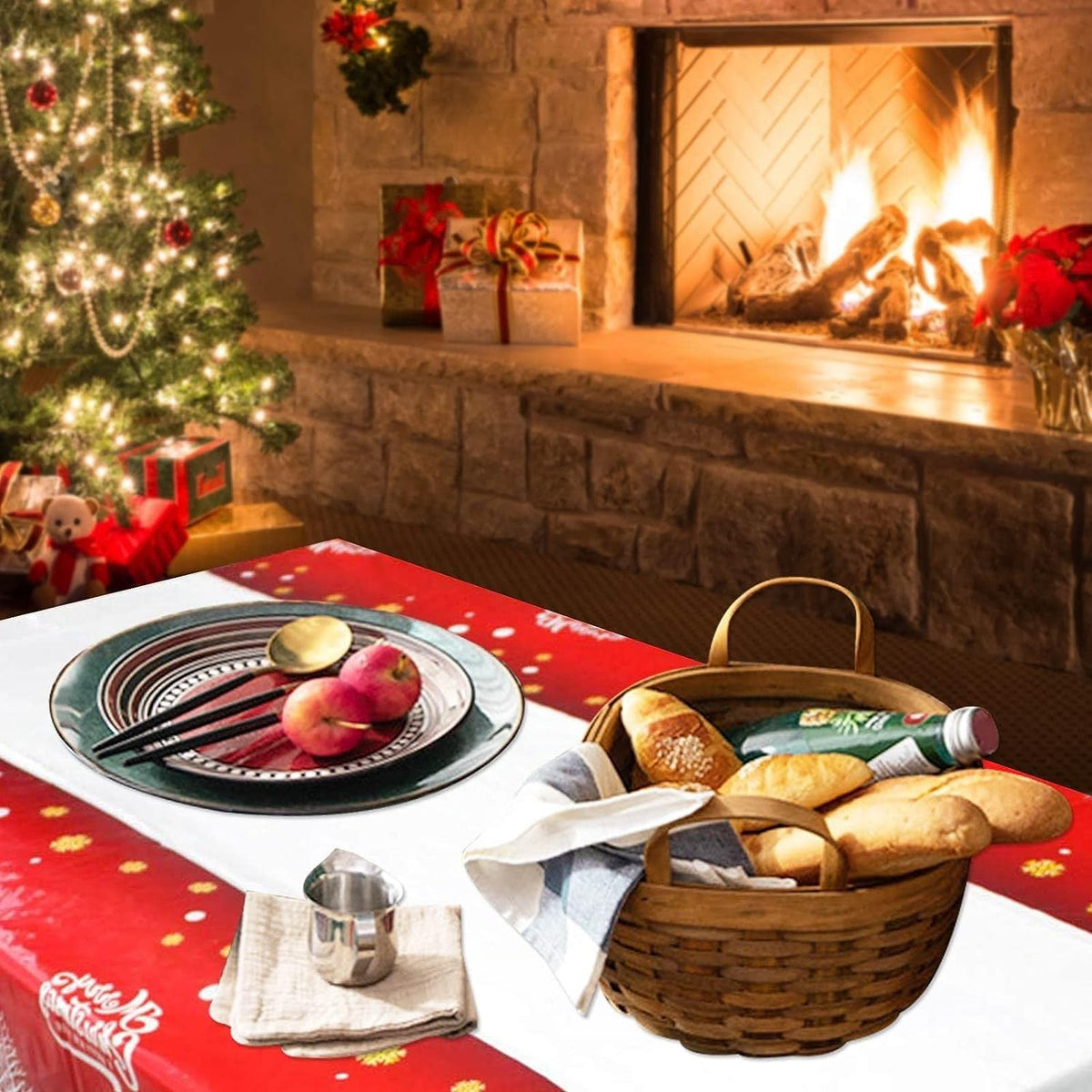 Față de Masă Dreptunghiulară Crăciun, Protecție Masă PVC Impermeabil, Imprimeu Merry Christmas, Grosime 2.5 mm, Alb, 180 x 108 cm