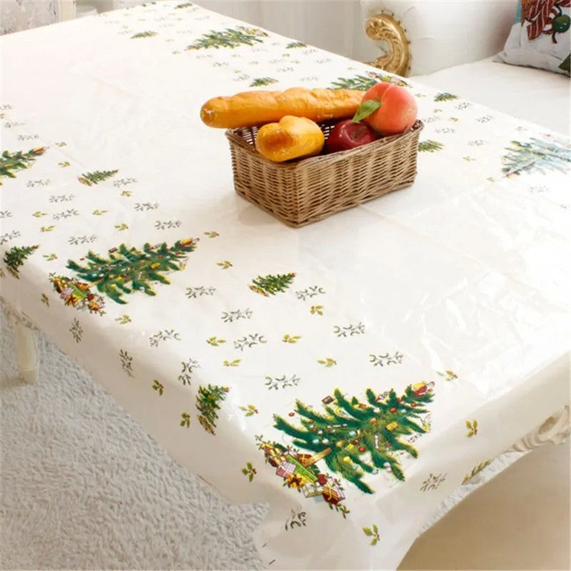 Față De Masă Dreptunghiulară Crăciun, Imprimeu Brăduți Festivi, Protecție Masă Rezistentă, PVC Impermeabil, Grosime 2.5 mm, 180 x 108 cm, Alb