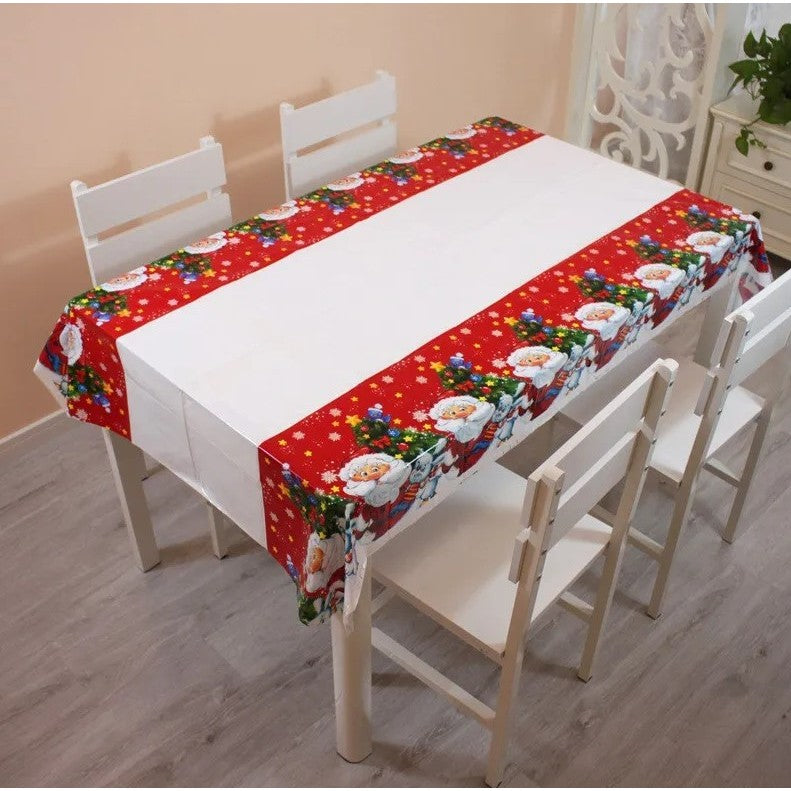 Fata de Masa Dreptunghiulara pentru Craciun, Imprimeu Mos Craciun si Iepuras, PVC Protectie 2.5 mm, Rezistenta la Uzura, Alb, 180 x 108 cm