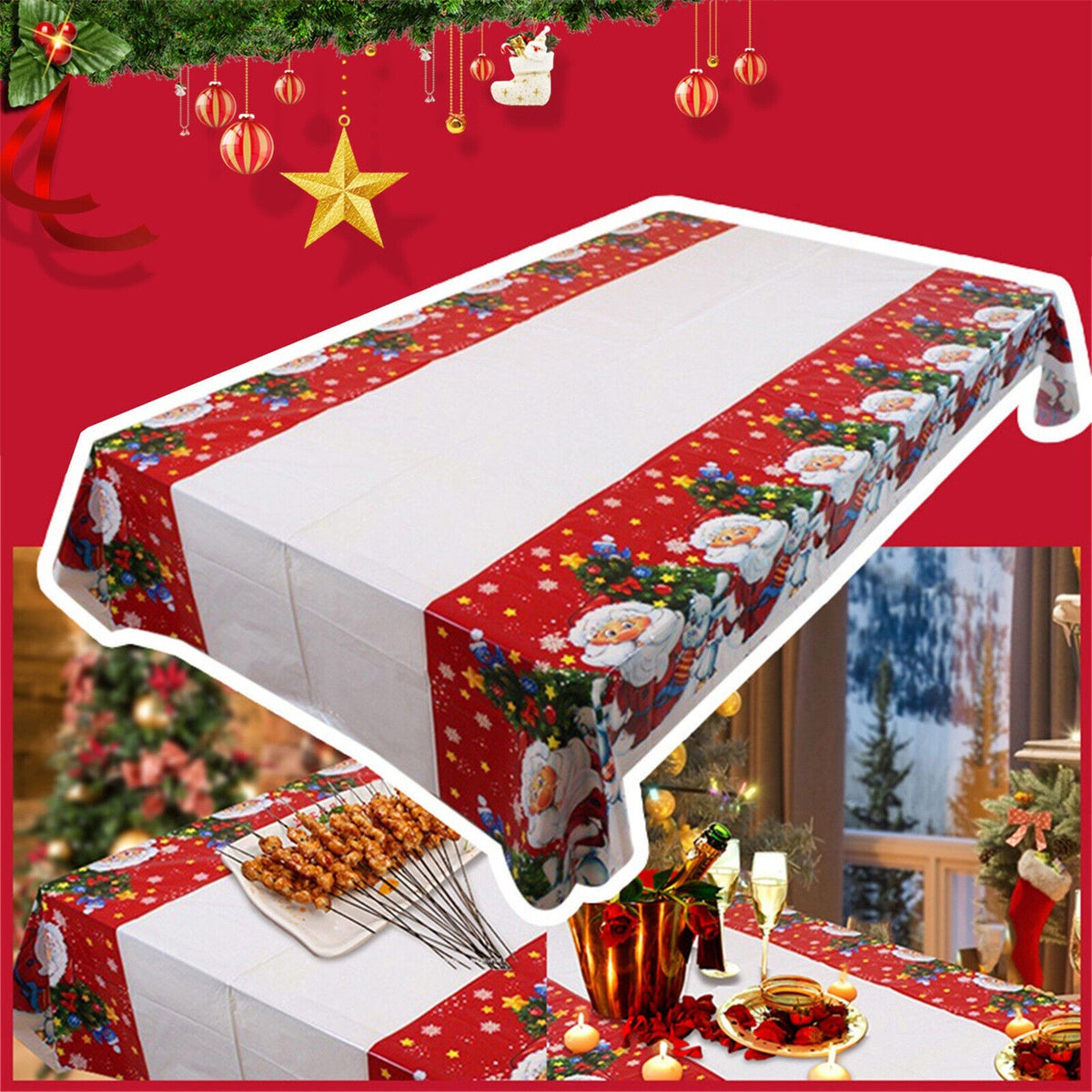 Fata de Masa Dreptunghiulara pentru Craciun, Imprimeu Mos Craciun si Iepuras, PVC Protectie 2.5 mm, Rezistenta la Uzura, Alb, 180 x 108 cm