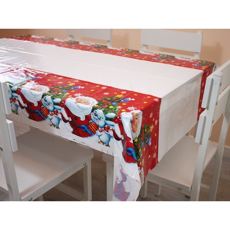 Fata de Masa Dreptunghiulara pentru Craciun, Imprimeu Mos Craciun si Iepuras, PVC Protectie 2.5 mm, Rezistenta la Uzura, Alb, 180 x 108 cm