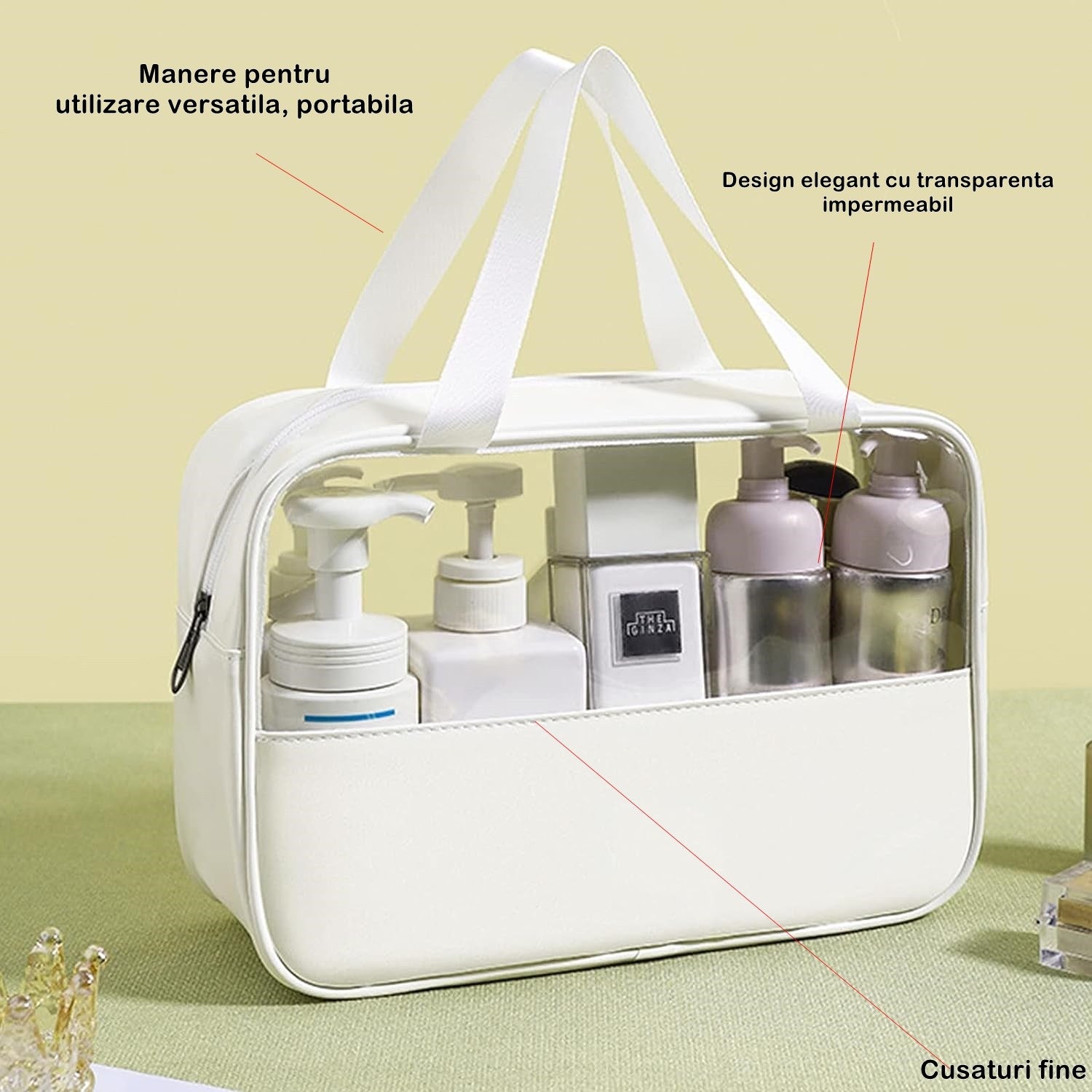 Geanta Cosmetice pentru Voiaj si Organizare, Portabila si Impermeabila, Material PVC si Textil, 30x12x21 cm, Alb