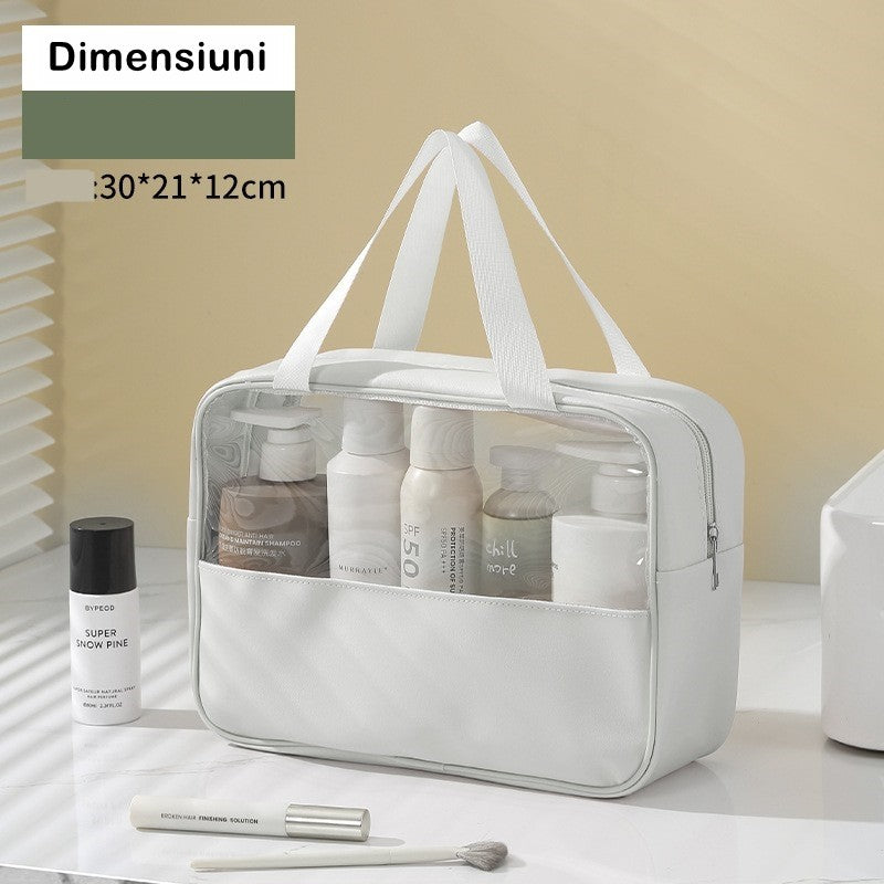Geanta Cosmetice pentru Voiaj si Organizare, Portabila si Impermeabila, Material PVC si Textil, 30x12x21 cm, Alb