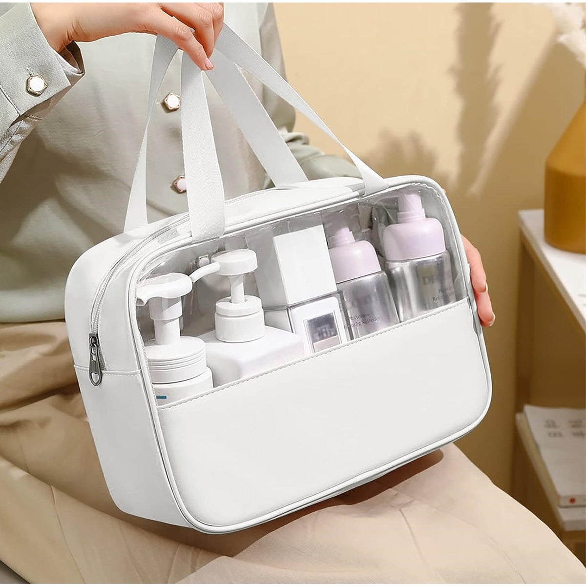 Geanta Cosmetice pentru Voiaj si Organizare, Portabila si Impermeabila, Material PVC si Textil, 30x12x21 cm, Alb