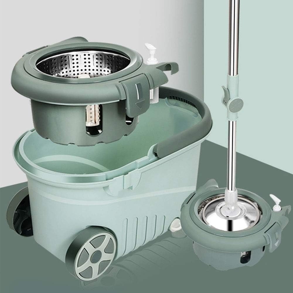 Set Mop Rotativ cu Galeata, Sistem de Stoarcere Centrifuga, Vas Detasabil si Dop Scurgere, Microfibra si Plastic, Capacitate 8 l, include 1 Rezerva, Verde