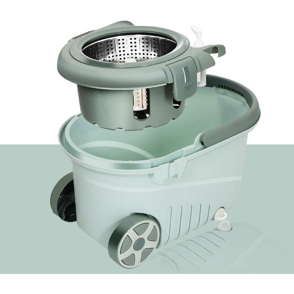 Set Mop Rotativ cu Galeata, Sistem de Stoarcere Centrifuga, Vas Detasabil si Dop Scurgere, Microfibra si Plastic, Capacitate 8 l, include 1 Rezerva, Verde