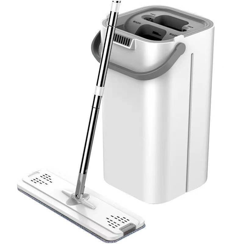 Set Curatenie Mop Plat si Galeata cu Doua Cuve, Sistem de Storcere si Spalare, 4 Rezerve Microfibra Incluse, Capacitate 5.7 l, Plastic, Alb