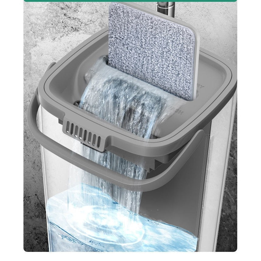 Set Curatenie Mop Plat si Galeata cu Doua Cuve, Sistem de Storcere si Spalare, 4 Rezerve Microfibra Incluse, Capacitate 5.7 l, Plastic, Alb