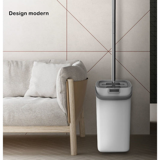 Set Curatenie Mop Plat si Galeata cu Doua Cuve, Sistem de Storcere si Spalare, 4 Rezerve Microfibra Incluse, Capacitate 5.7 l, Plastic, Alb