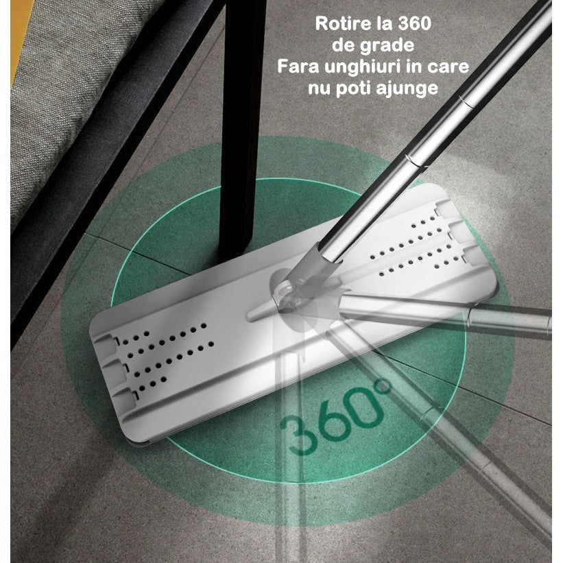 Set Curatenie Mop Plat si Galeata cu Doua Cuve, Sistem de Storcere si Spalare, 4 Rezerve Microfibra Incluse, Capacitate 5.7 l, Plastic, Alb