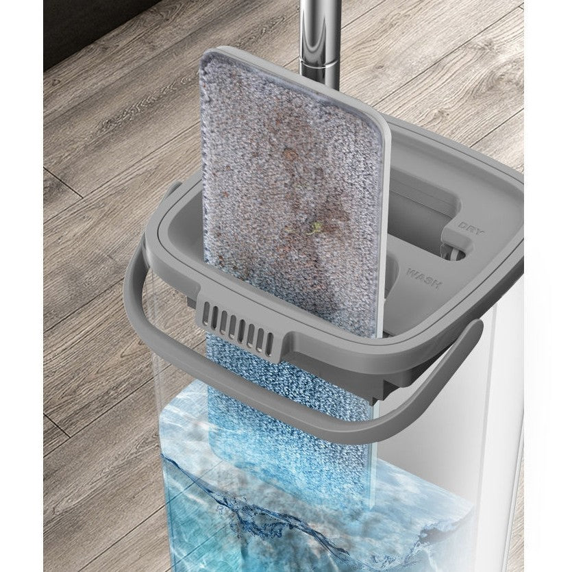 Set Curatenie Mop Plat si Galeata cu Doua Cuve, Sistem de Storcere si Spalare, 4 Rezerve Microfibra Incluse, Capacitate 5.7 l, Plastic, Alb