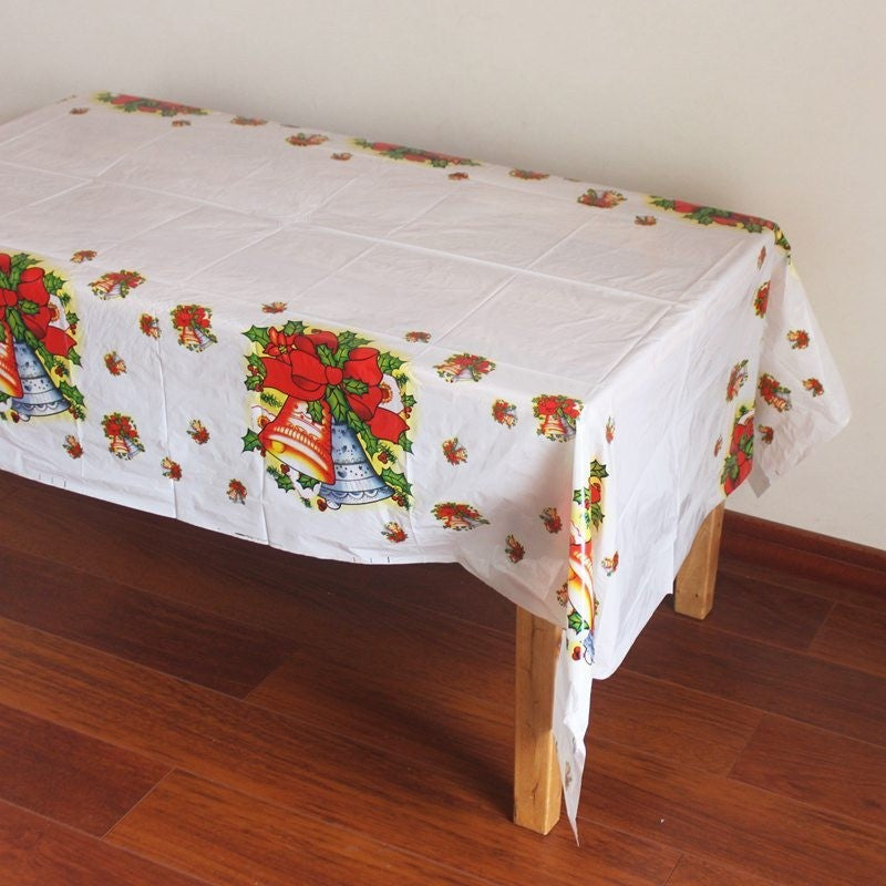 Fată De Masă Dreptunghiulară Pentru Crăciun, Imprimeu Clopoței, PVC Rezistent Grosime 2.5 mm, Alb, 180 x 108 cm