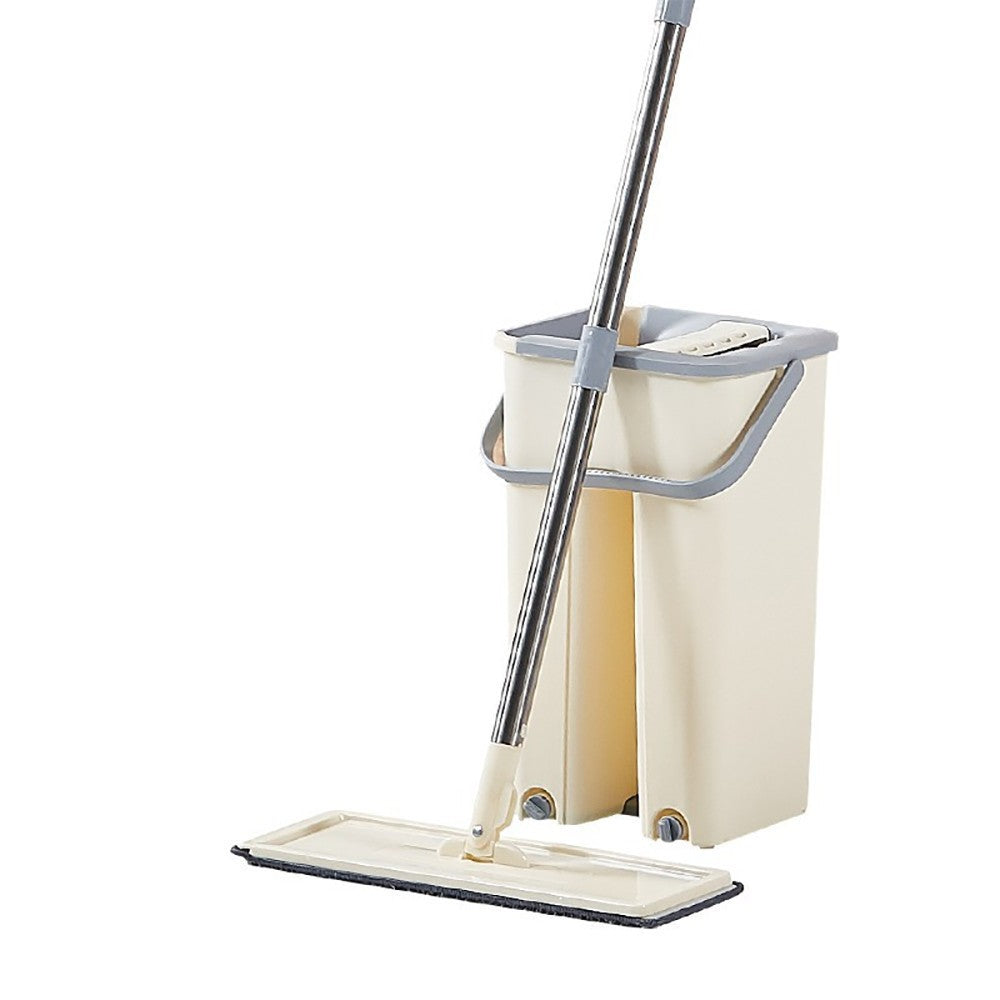 Set Curatenie cu Mop Plat si Galeata, Sistem de Storcere cu 2 Cuve, Microfibra Superabsorbanta, Plastic si Inox, Galeata 6 L, 2 Rezerve Incluse, Bej