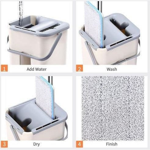 Set Curatenie cu Mop Plat si Galeata, Sistem de Storcere cu 2 Cuve, Microfibra Superabsorbanta, Plastic si Inox, Galeata 6 L, 2 Rezerve Incluse, Bej