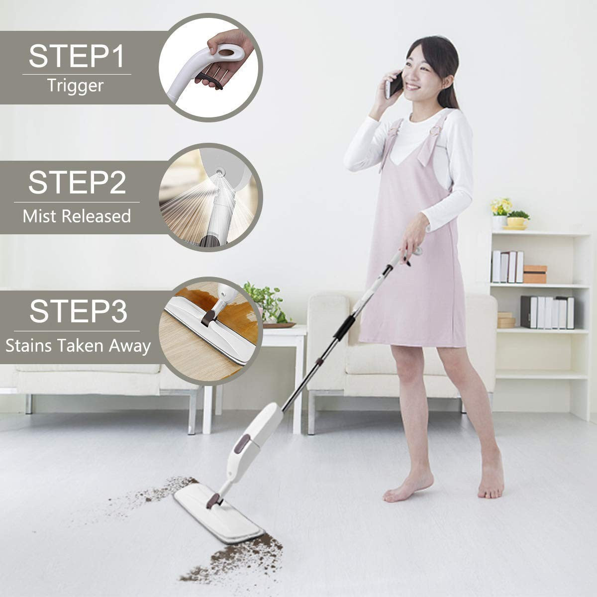 Mop Plat cu Pulverizator 2 in 1, Sistem Spray si Rezervor Detasabil, Coada Aluminiu si Rezerva Microfibra, Utilizare Umeda si Uscata, Plastic, 125x40 cm, Alb/Mov