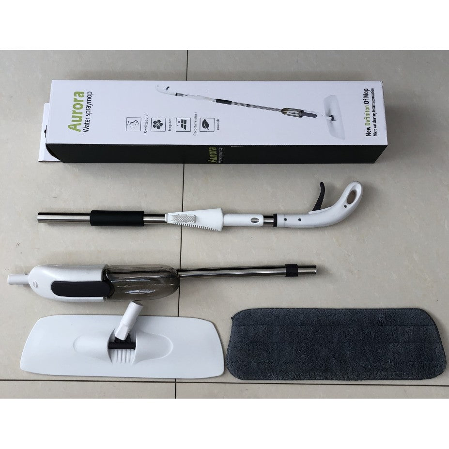 Mop Plat cu Pulverizator 2 in 1, Coada din Aluminiu si Rezerva Microfibra, Utilizare Umeda si Uscata, 125x40 cm, Alb/Negru