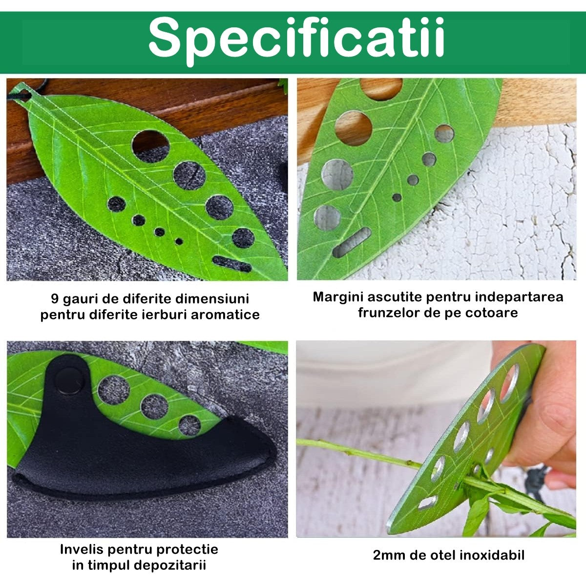 Tocator Manual pentru Ierburi si Instrument Curatat Frunze, Dispozitiv Multifunctional cu 9 Gauri si Margini Ascutite, Otel Inoxidabil Rezistent la Rugina, 14 x 5.5 cm, Verde