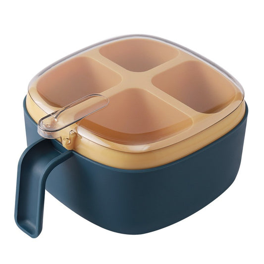 Organizator Condimente cu 4 Compartimente, Recipient pentru Depozitare cu Mâner și Capac, Plastic, 4 Lingurițe Incluse, 14x14x8 cm, Albastru