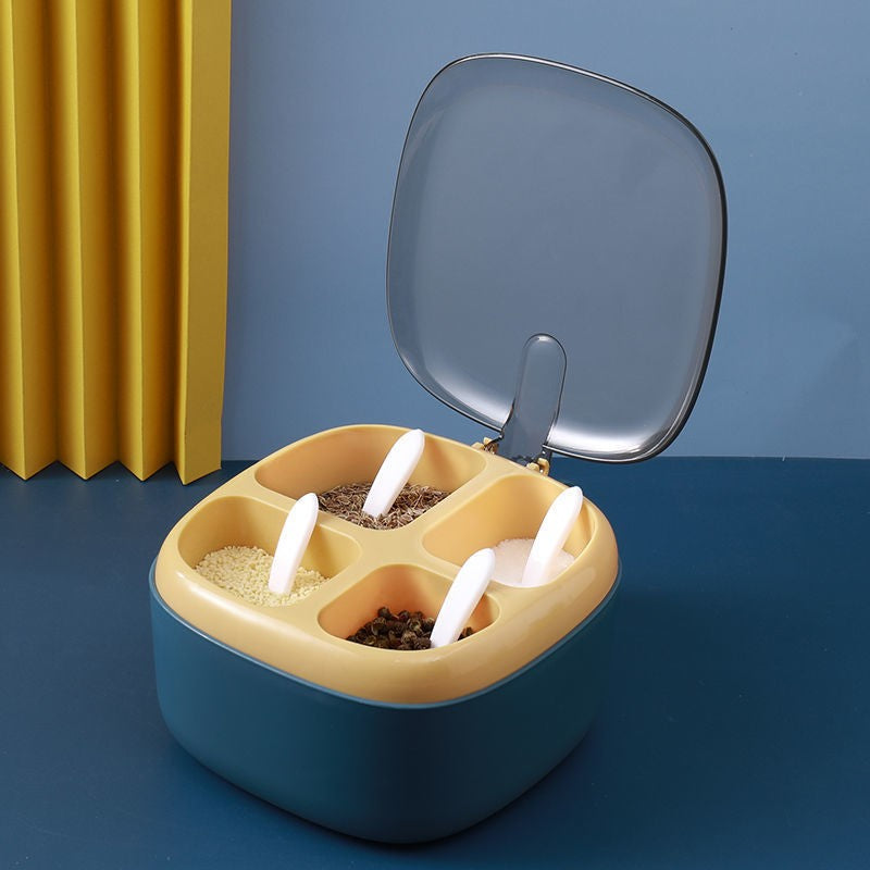 Organizator Condimente cu 4 Compartimente, Recipient pentru Depozitare cu Mâner și Capac, Plastic, 4 Lingurițe Incluse, 14x14x8 cm, Albastru
