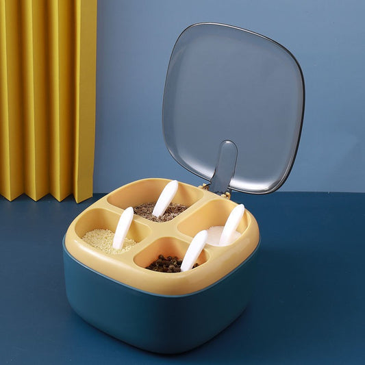 Organizator Condimente cu 4 Compartimente, Recipient pentru Depozitare cu Mâner și Capac, Plastic, 4 Lingurițe Incluse, 14x14x8 cm, Albastru