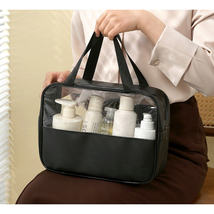 Geanta Cosmetice pentru Voiaj si Organizare, Impermeabila cu Maner, Material PVC si Textil, 30 x 21 x 12 cm, Negru