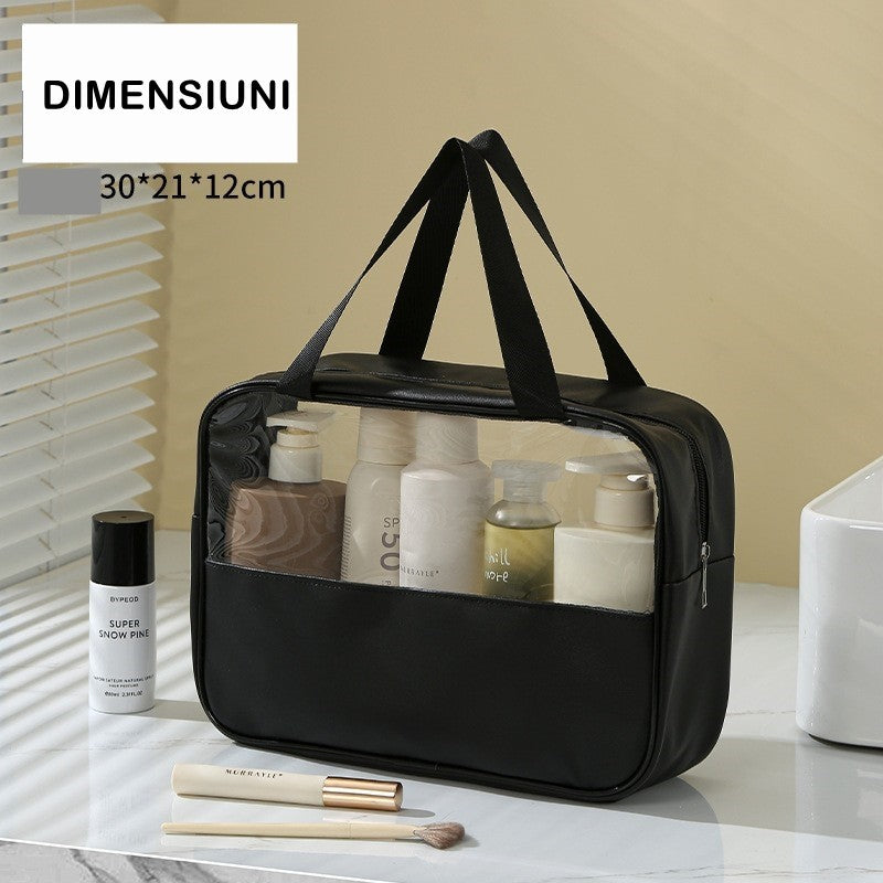 Geanta Cosmetice pentru Voiaj si Organizare, Impermeabila cu Maner, Material PVC si Textil, 30 x 21 x 12 cm, Negru