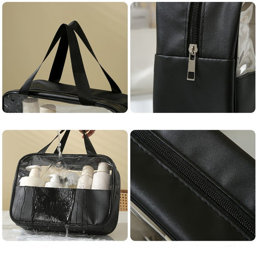 Geanta Cosmetice pentru Voiaj si Organizare, Impermeabila cu Maner, Material PVC si Textil, 30 x 21 x 12 cm, Negru