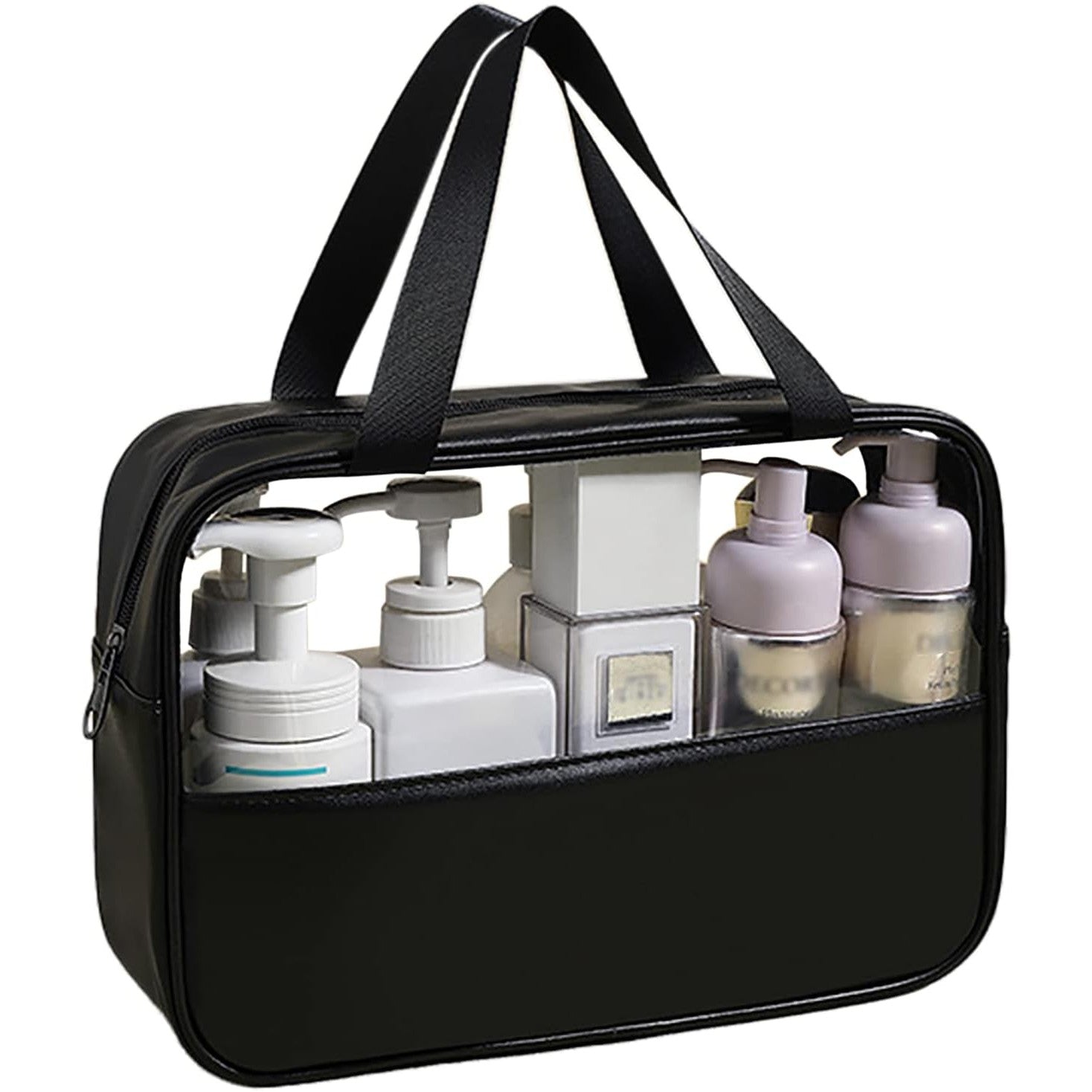 Geanta Cosmetice pentru Voiaj si Organizare, Impermeabila cu Maner, Material PVC si Textil, 30 x 21 x 12 cm, Negru
