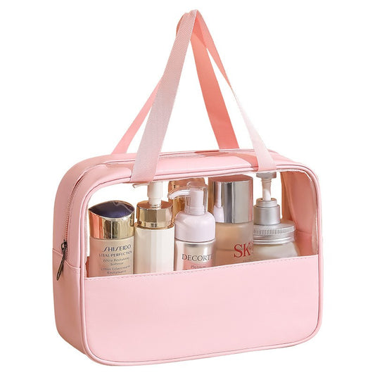 Geanta Cosmetice pentru Voiaj si Organizare, Impermeabila cu Fermoar, Material PVC si Textil, 30 x 21 x 12 cm, Roz