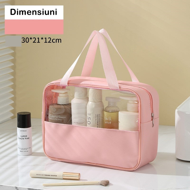 Geanta Cosmetice pentru Voiaj si Organizare, Impermeabila cu Fermoar, Material PVC si Textil, 30 x 21 x 12 cm, Roz