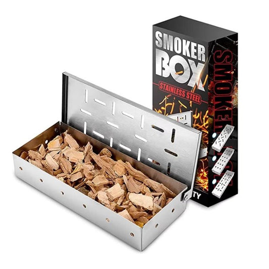 Cutie Afumator pentru Gratar, Dispozitiv Afumare cu Rumegus, Capacitate Mare, Inox 430 Rezistent la Rugina, Capac cu Balamale, 22.2x9.6x4.4 cm, Argintiu